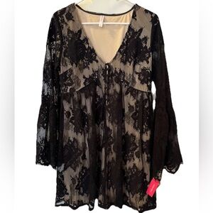 Black Lace Babydoll Dress Whimsygoth Fairygoth Sheer Lace Lined Witchy Lrg NWT